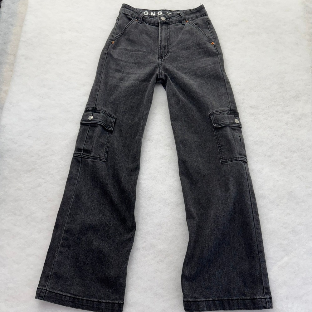SONG Y2K Cargo Street Jeans Washed Black High Rise Utility Denim Pants Size 3/26